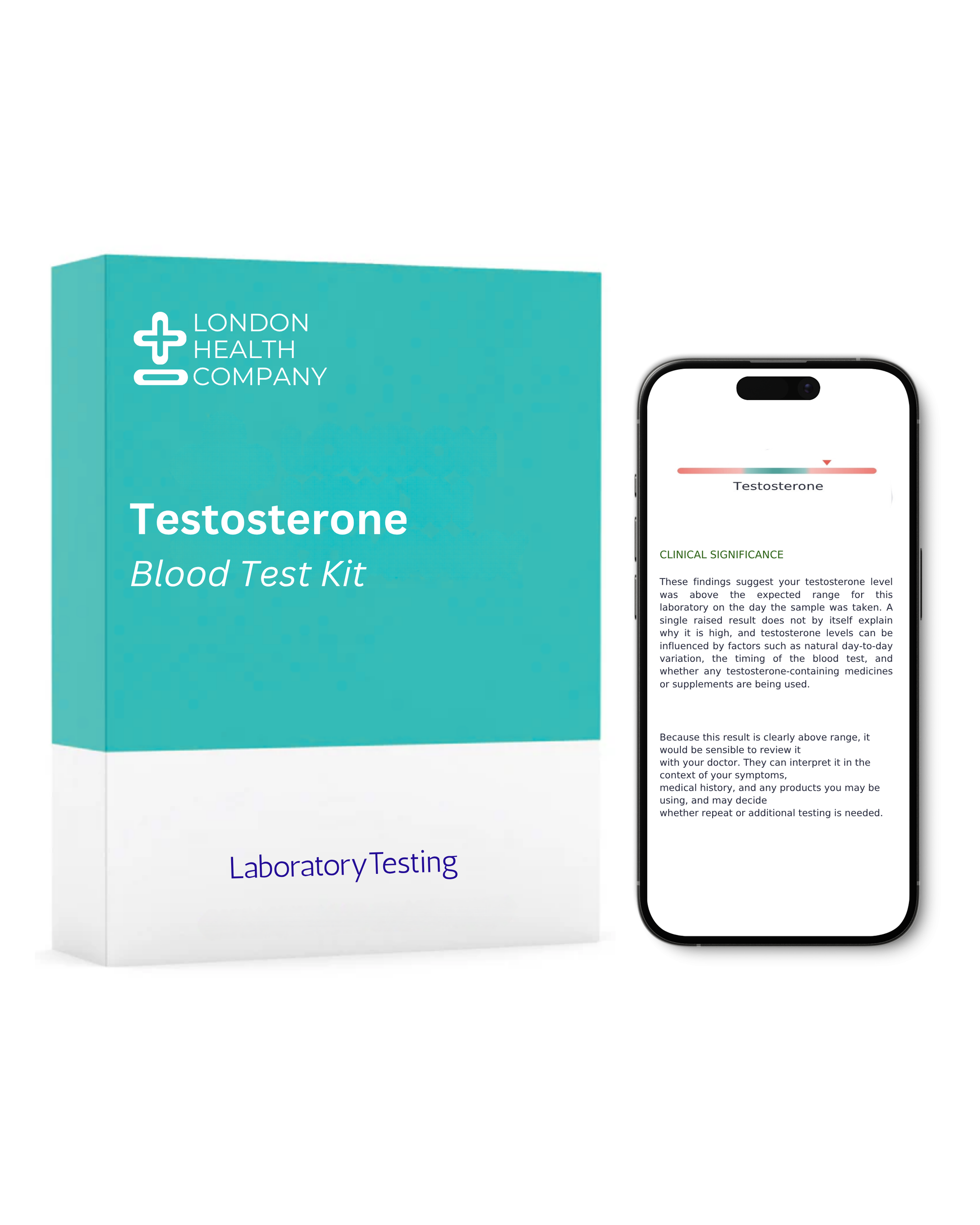 A London Health Company  testosterone blood test kit box shown next to a smartphone displaying test results on a clean white background.