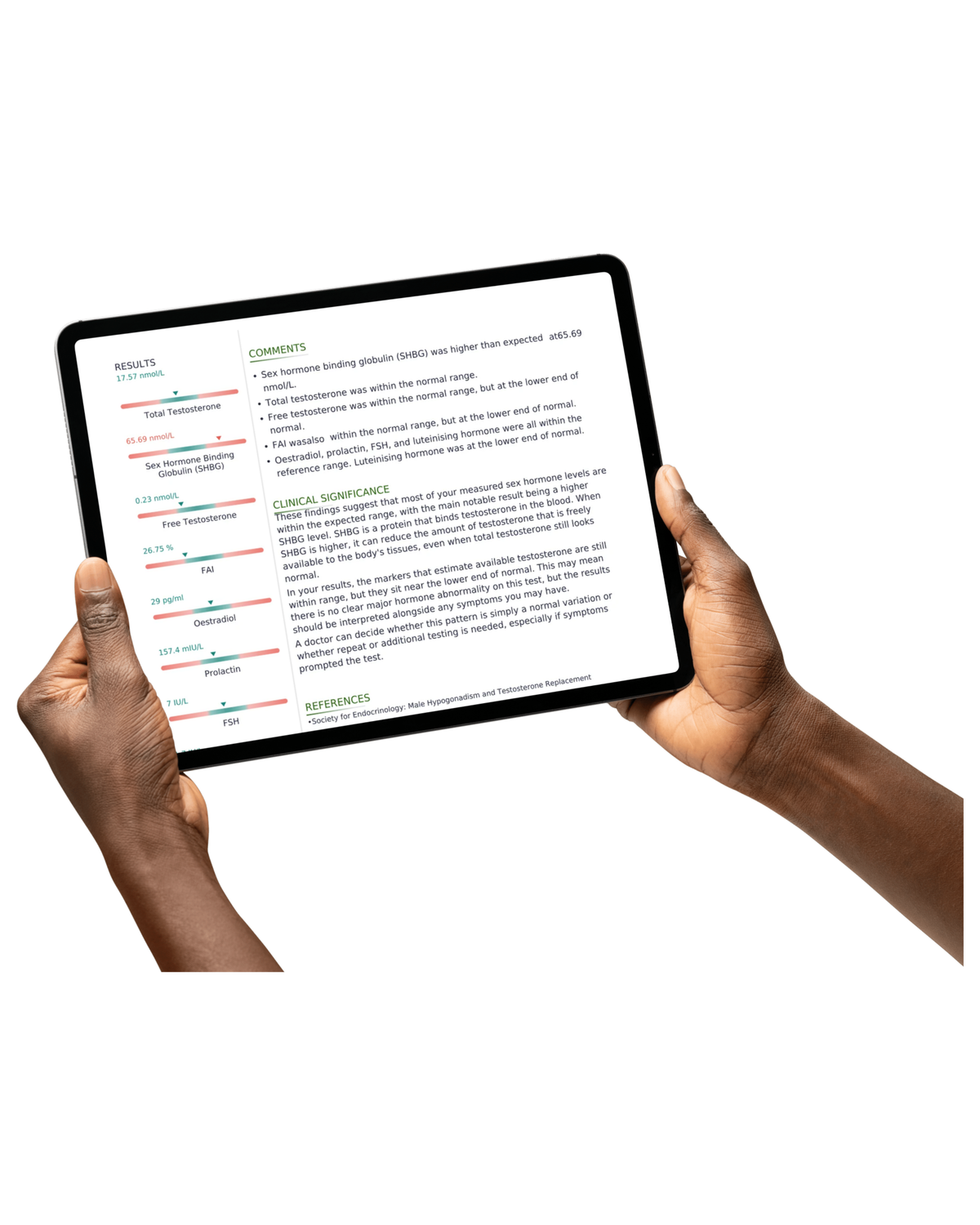A person holding a tablet device displaying a medical reference document with results and comments sections, isolated on a white background.