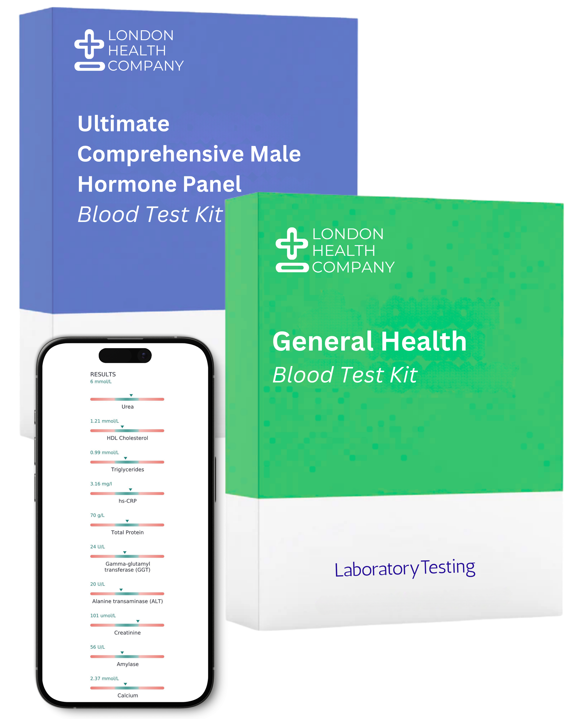 Two London Health Company blood test kit boxes shown on a white background, one blue box labeled 'Ultimate Comprehensive Male Hormone Panel Blood Test Kit' and one green box labeled 'General Health Blood Test Kit,' with a smartphone displaying a results screen in front.