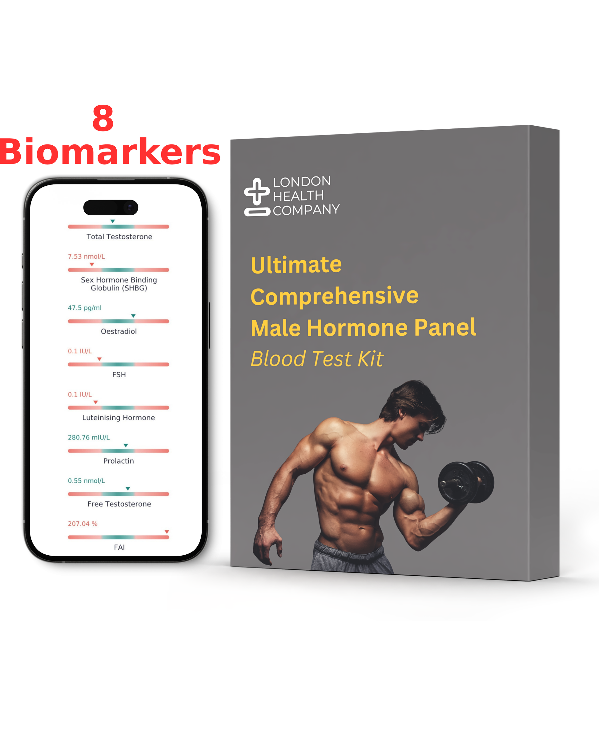 A boxed blood test kit next to a smartphone displaying a hormone test app interface. The box is gray with yellow text reading 'Ultimate Comprehensive Male Hormone Panel Blood Test Kit' and the London Health Company logo.