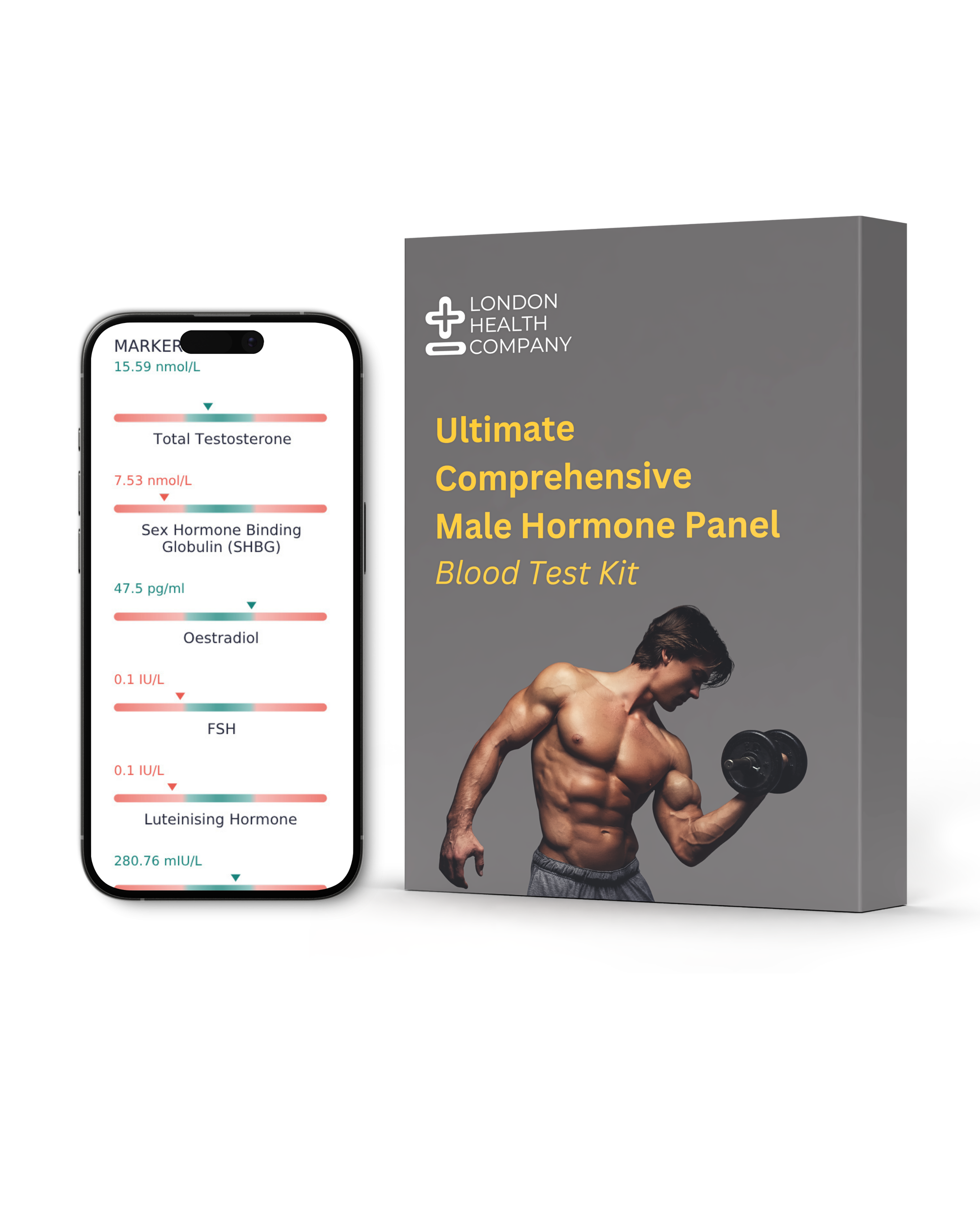 A boxed blood test kit next to a smartphone displaying a hormone test app interface. The box is gray with yellow text reading 'Ultimate Comprehensive Male Hormone Panel Blood Test Kit' and the London Health Company logo.