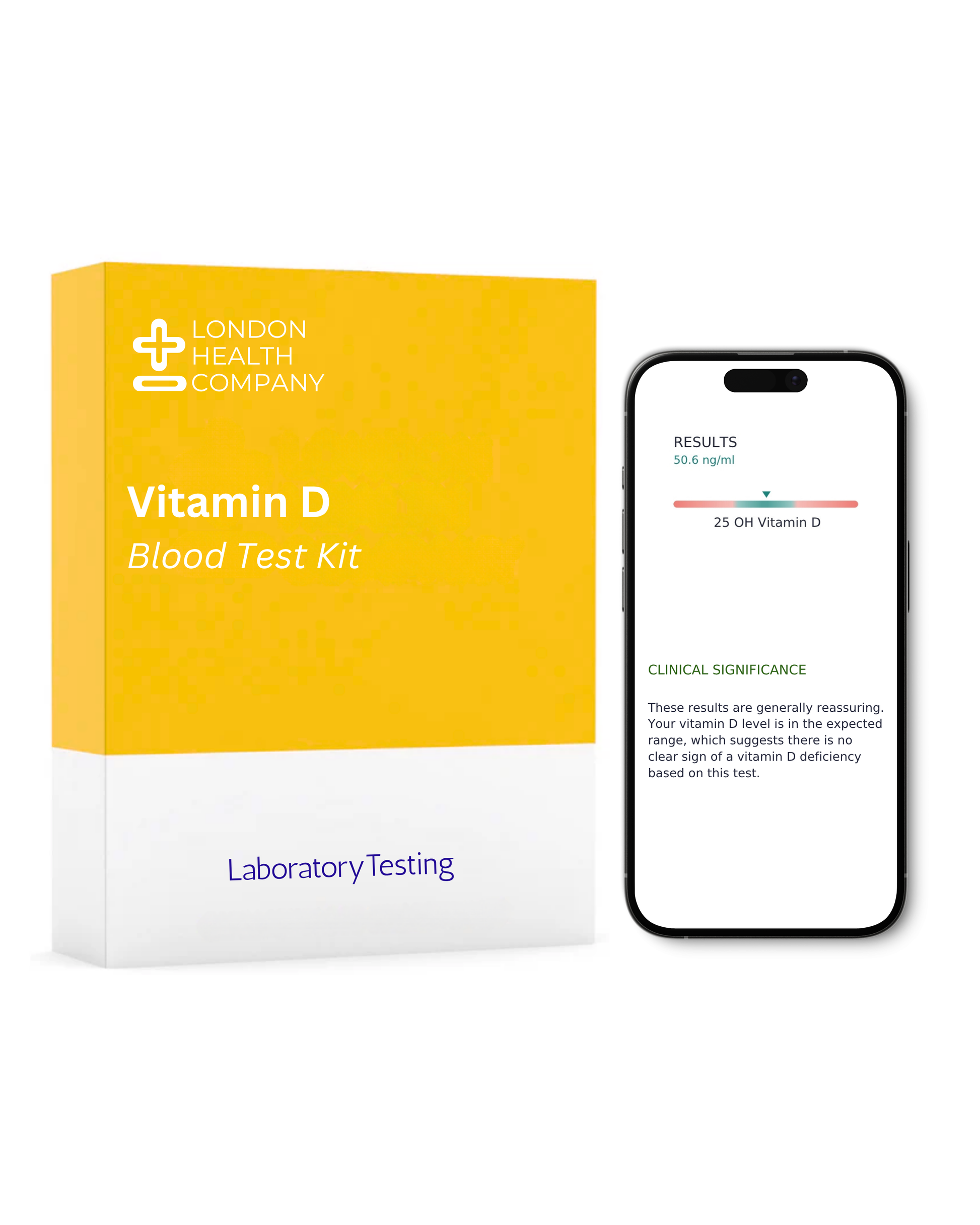 Vitamin D Blood Test Kit by London Health Company, featuring a yellow and white box next to a smartphone displaying the test results screen.

