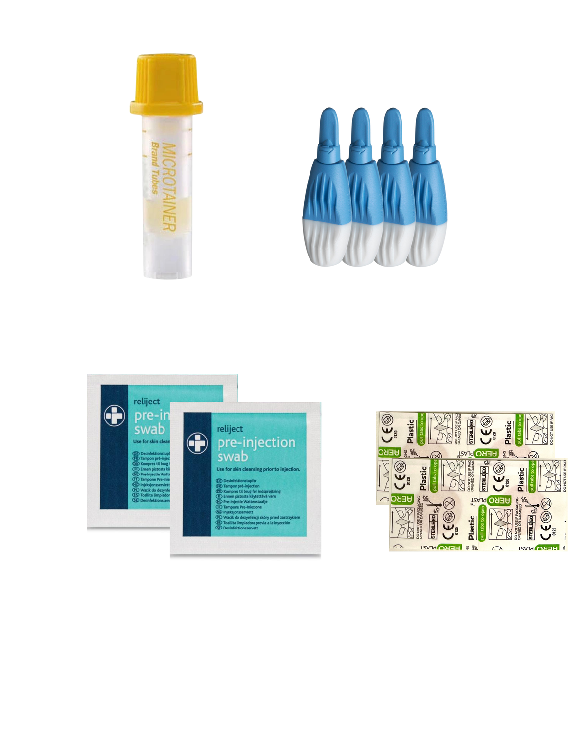 yellow tube 4 lancets, 2 alcohol wipes and 2 spot plasters 